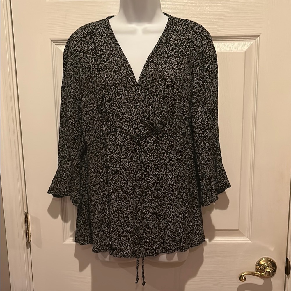 Motherhood Maternity Black V-neck Wrap Blouse with 3/4 Bell Sleeves